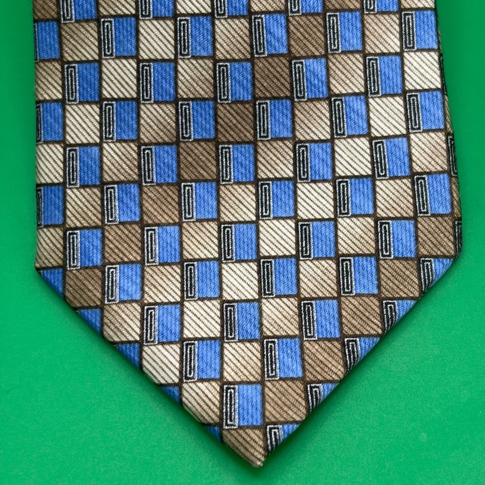 Dockers 100% Silk Necktie Boys Blue/Tan Geometric Stain Resistant Teen Tie Youth